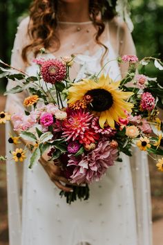 Sunflower Wedding Flowers: Bold Pink and Yellow Bridal Bouquet Fall Flower Arrangements Sunflowers, Fall Sunflower Bouquet, Sunflower Bouquet Wedding, Eucalyptus Wedding Decor, Sunflower Bridal Bouquet, Outfit Recipes, Sunflower Arrangements, Sunflower Wedding Bouquet, Wedding Color Combos