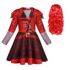 a woman's red wig and dress with an image of the character harley davidson