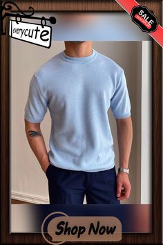 Gentlemans Classic Plain Knitted Round Neck T-shirt Blue Knit T-shirt For Summer, Relaxed Fit Short Sleeve Sweater, Casual Blue Knit T-shirt, Relaxed Fit Solid Knit T-shirt, Blue T-shirt With Ribbed Crew Neck, Blue Short Sleeve T-shirt With Ribbed Neckline, Casual Blue T-shirt With Ribbed Neckline, Casual Blue Short Sleeve Sweater, Blue Short Sleeve Casual Sweater