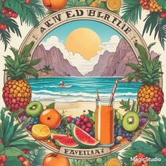 an advertisement for a tropical beverage with fruit and watermelon on the front, surrounded by palm trees