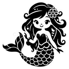 a black and white silhouette of a mermaid with a flower in her hair, sitting on the