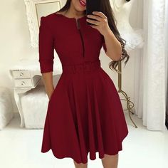 Fashion Outfits Fashion Women Solid Color Half Sleeve Ruffle Party Dress Summer Elegant Casual Zipper Dresses with Belt, Wine red / L Burgundy Homecoming Dresses, Office Dresses For Women, Short Homecoming Dress, Elegant Dresses For Women, Office Dresses, Homecoming Dresses Short, Trend Fashion, Dress Zipper, Homecoming Dress