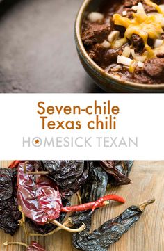 several different types of chilis and peppers on a cutting board with the title seven - chile texas chili