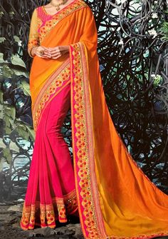 Jyoti Designer Party Wear Georgette Saree - db20825 Half N Half Saree, Sari Design, Orange Saree, Orange Satin, Satin Saree, Net Saree, Latest Sarees, Indian Wedding Outfits, Traditional Sarees