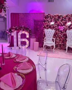 the table is set with pink and white plates