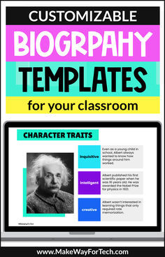 a computer screen with the text, customizable biograph templates for your classroom