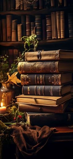 a stack of books sitting on top of a wooden table next to a lit candle