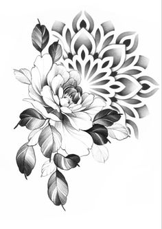 a black and white drawing of a flower with leaves on the bottom half of it