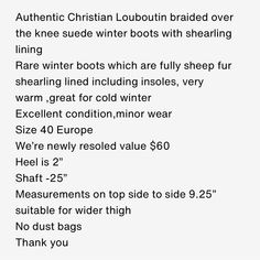 Description In Last Photo ! Snow Boot, Louboutin Shoes, Christian Louboutin Shoes, Over The Knee Boots, Over The Knee, Snow Boots, Winter Boots, Black Red, Christian Louboutin