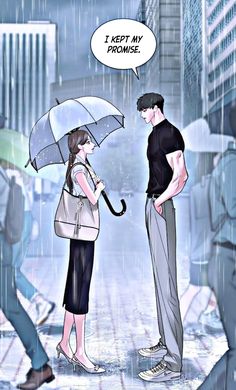 a man and woman standing under an umbrella in the rain, talking to each other