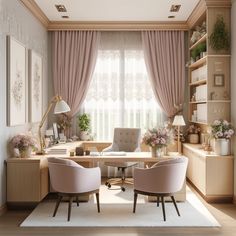 a living room with two chairs and a desk in front of a window covered by pink curtains