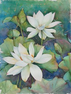 watercolor painting of white flowers and green leaves in the pond with blue sky background