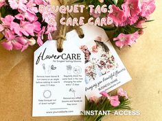 flowers and cards with the words bouquet tags & care card attached to them on a piece of brown paper