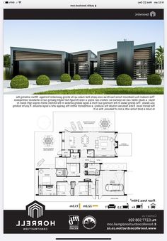 the floor plan for a modern house with two garages and three living areas in it