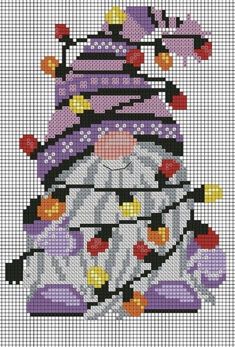 a cross stitch pattern with an image of a snowman wearing a purple hat and scarf