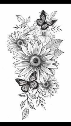 sunflower and butterflies tattoo design