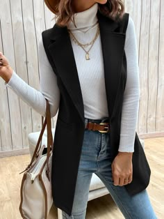 SHEIN BIZwear Abrigo de chaleco unicolor de cuello con solapa | SHEIN USA Vest Outfits For Women, Stylish Work Outfits, Black Vest, Casual Work Outfits, Vest Outfits, Mode Inspo, Work Outfits Women, Professional Outfits, Business Casual Outfits