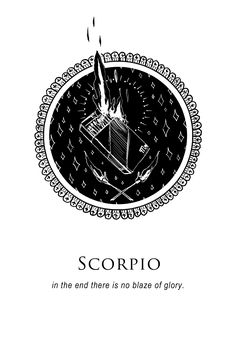 a black and white image with the words scorpio in it