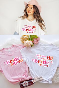 three t - shirts with the words bride squad on them and flowers in front of them