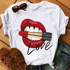 Lovely Leisure Lip Print Creamy White T-shirt_T-shirt_Top_LovelyWholesale | Wholesale Shoes,Wholesale Clothing, Cheap Clothes,Cheap Shoes Online. - LovelyWholesale.com Red Tongue, Women Tshirts, Lips Print, Simple Prints, Print Graphic, Summer Design, Beach Accessories, Fashion Pattern, Red Fashion