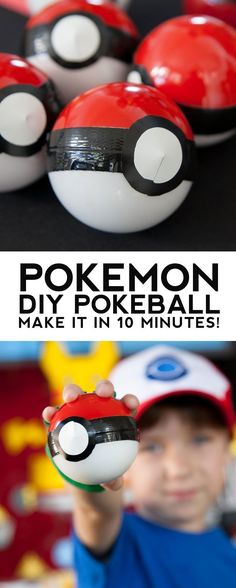 a boy holding up some pokeballs in front of him and the caption reads, pokemon diy pokeball make it in 10 minutes