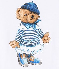 a drawing of a teddy bear wearing a blue hat and striped shirt with ruffles