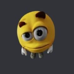 a yellow smiley face with brown spots on it's eyes and legs, sitting in front of a gray background