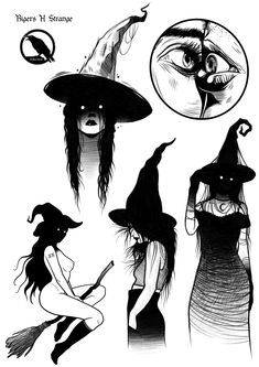 four witches with their faces drawn in black and white