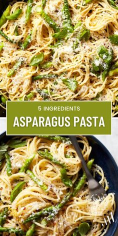 pasta with asparagus and parmesan cheese in a skillet on the side