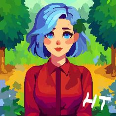 a digital painting of a woman in a red shirt and blue hair with trees behind her