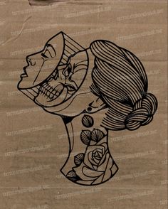 a drawing of a woman's head with flowers in her hair and a skull on the forehead