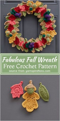 a crocheted wreath with leaves on it and the words fabulous fall wreath free croche