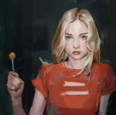 a painting of a woman holding a lollipop in one hand and looking at the camera