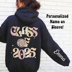 Class Shirts 2022, Graduation Hoodies Ideas, Varsity Long Sleeve School Hoodie, Varsity Long Sleeve Hoodie For School, College Hoodie With School Spirit Letter Print, School Spirit Hoodie With Letter Print, College Hoodie With School Spirit Design, College Hoodie With Letter Print And School Spirit Style, School Spirit Hooded Hoodie