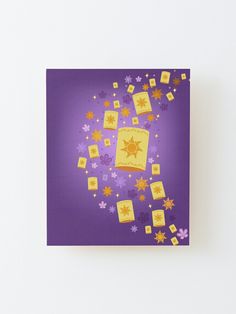 a purple square with yellow squares and stars on it, surrounded by small white flowers