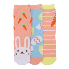 Add a pop of festive cheer to your young one's wardrobe with the Youth Easter Themed Crew Socks 3-Pack from Bioworld. Perfect for spring celebrations, these socks are adorned with playful designs featuring the Easter bunny, cheerful carrots, and colorful Easter eggs.

- Material: 92% Polyester, 8% Spandex
- Size: Designed for youth
- Gender: Female
- Features: Scalloped cuff edges for added charm; machine washable

These socks offer a comfortable, flexible fit ideal for active kids, ensuring the Fun Multicolor Socks For Spring, Fun Multicolor Spring Socks, Pink Knee-high Socks For Spring Stocking Stuffer, Cute Pink Spring Socks, Cute Spring Playtime Socks, Cute Multicolor Socks, Pink Knee-high Socks For Spring, Female Features, Holiday Socks