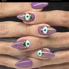 Purple Evil Eye Nails, Hippie Nails Acrylic Boho, Summer Boho Nails, Disco Nail Art, Witchy Nail Art, Libra Nails, Purple Halloween Nails