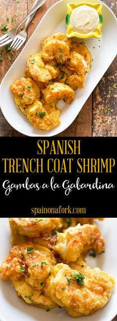 two plates with different types of food on them and the title reads spanish trench shrimp