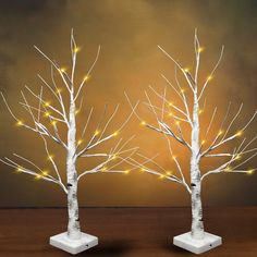 two small white trees with lights on them