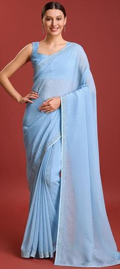 Blue color Saree in Organza Silk fabric with Stone work Formal Blue Saree With Resham Embroidery, Formal Blue Saree With Unstitched Blouse, Formal Blue Blouse Piece With Pallu, Light Blue Saree For Reception And Diwali, Light Blue Saree With Pallu For Reception, Formal Blue Saree With Cutdana, Wedding Blue Unstitched Blouse Piece, Light Blue Blouse For Wedding, Elegant Light Blue Saree With Zari Work