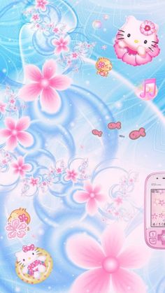 the hello kitty theme on this wallpaper is pretty and colorful, with pink flowers