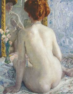 a painting of a woman sitting in front of a mirror