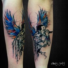 two tattoos on the legs of people with colorful wings and an angel holding a microphone