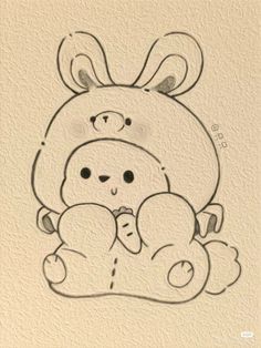 a drawing of a bunny holding a teddy bear in it's lap, with the word