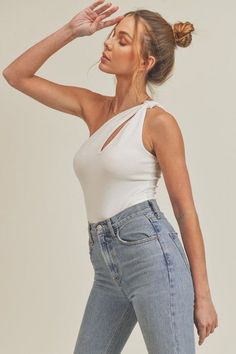 The perfect top for going out, pair with hi-waist denim and heels. This top features a fitted, single-shoulder silhouette with cutout and knot detail. - Fabric: Poly/Rayon/Elastane - Hand wash cold/lay flat to dry Knit Bodysuit, Snap Fasteners, Tie Knots, Low Iron, Black Bodysuit, Wide Straps, Fitted Bodice, Perfect Outfit, Basic Tank Top