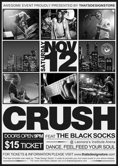 the poster for crush is shown in black and white, with images of people playing instruments