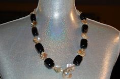 Black Agate/Mother of Pearl necklace by DriadaCollection on Etsy, $90.00 Elegant Black Agate Beaded Necklace, Elegant Handmade Onyx Crystal Necklace, Elegant Agate Beaded Necklaces, Black Agate Necklace, Necklace Shell, Beaded Necklace Designs, Mother Of Pearl Necklace, Gem Necklace, Black Agate