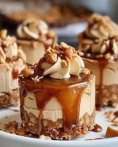 several desserts on a white plate with caramel and walnut topping