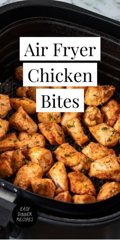 Air fryer chicken bites in a black cooking tray. Air Fryer Chicken Breast For Salad, Pinch Of Yum Air Fryer Chicken, Foods To Make In The Air Fryer, Aldi Air Fryer Recipes, Fried Chicken Bites Air Fryer, High Protein Air Fryer Snacks, Air Fryer Cubed Chicken, Chicken Bits In Air Fryer, Pan Fried Chicken Bites