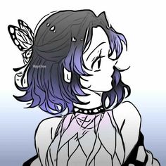 a drawing of a girl with purple hair and butterfly wings on her head, looking to the side